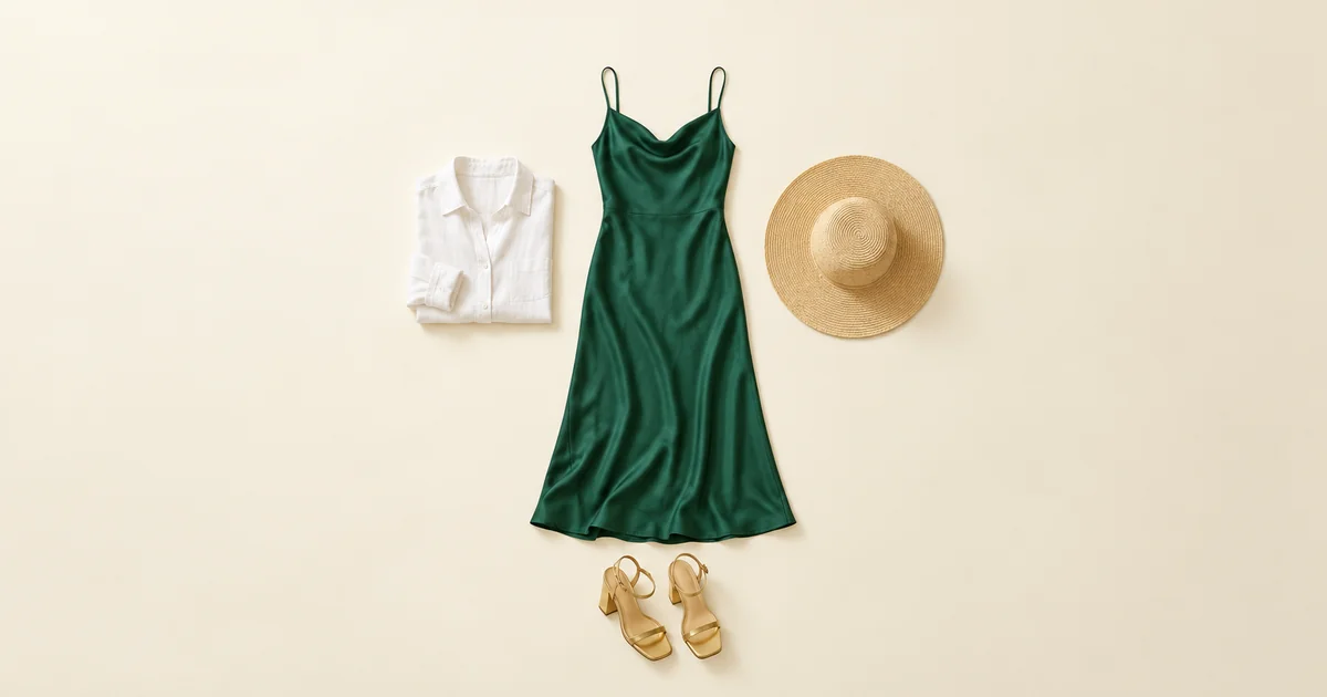 Emerald satin midi dress laid flat with a white linen shirt, gold block-heel sandals and a straw hat on a warm ivory background