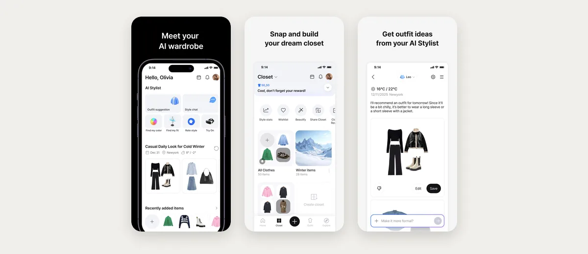 Three App Store screenshots of Acloset: its AI wardrobe home screen, closet photos, and outfit ideas from its AI stylist