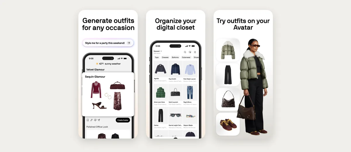 Tiga tangkapan layar Alta Daily di App Store: outfit yang dibuat untuk sebuah acara, lemari digitalnya, dan outfit yang dicoba di avatar