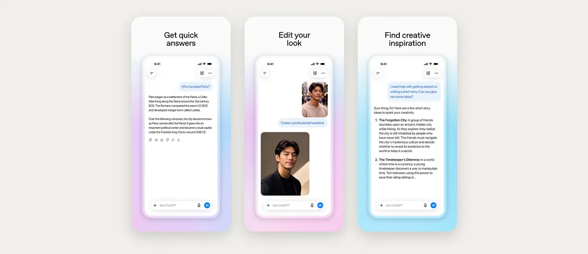 Drei App-Store-Screenshots von ChatGPT: eine schnelle Antwort, ein bearbeitetes Porträtfoto und Ideen für eine Geschichte, alles in einem Chat