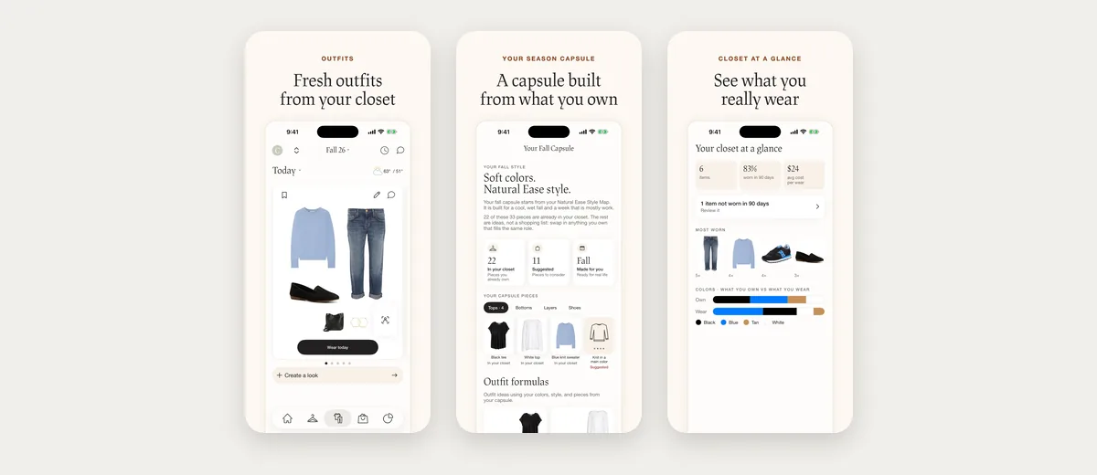 Three App Store screenshots of Cladwell: outfits from your closet, a season capsule, and the closet at a glance
