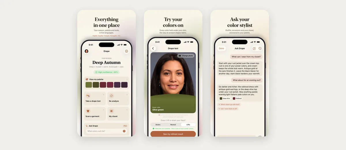 Three App Store screenshots of Drape: a colour season overview, a drape test on a selfie, and a chat with its colour stylist