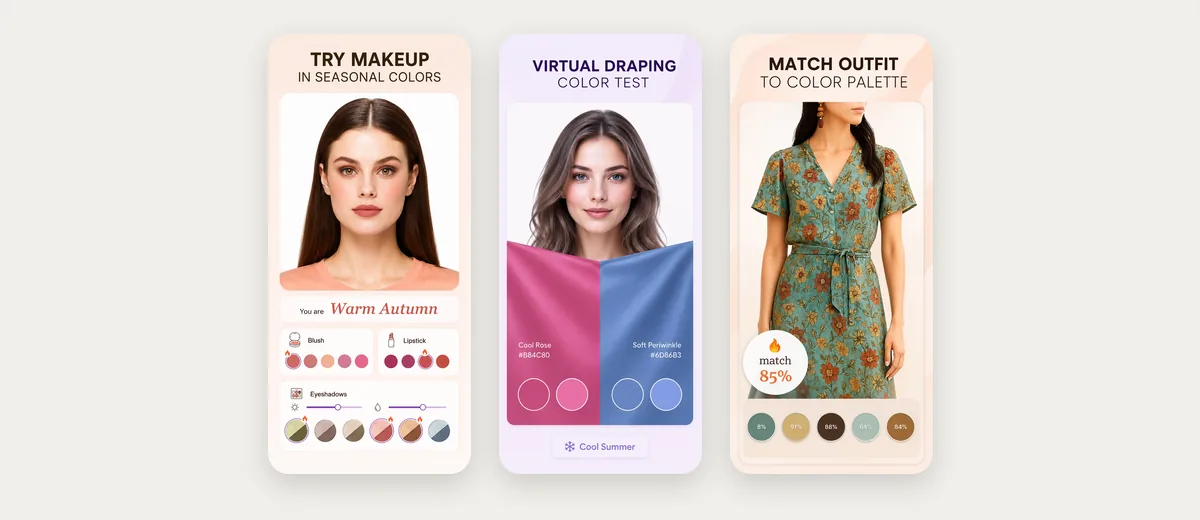 Three App Store screenshots of Dressika: makeup in seasonal colours, a virtual draping test, and outfits matched to a palette