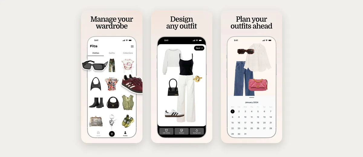 Tres capturas de Fits en la App Store: su pantalla de armario, un look creado en un lienzo y su calendario de looks