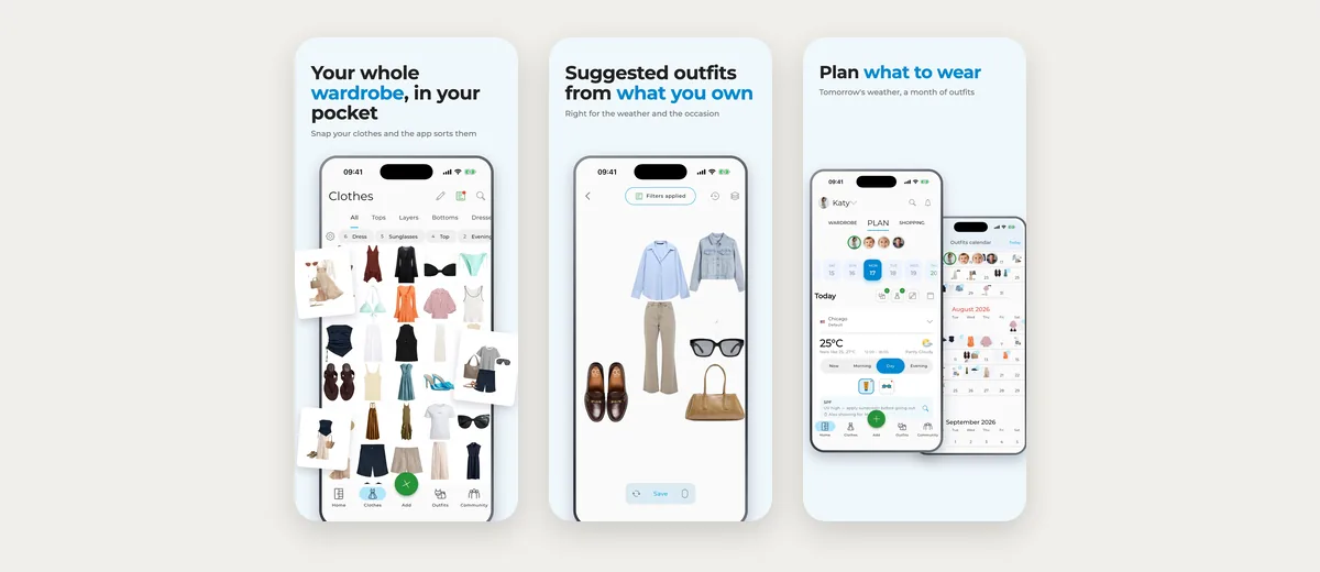 Three App Store screenshots of GetWardrobe: clothes sorted into categories, suggested outfits, and an outfit calendar