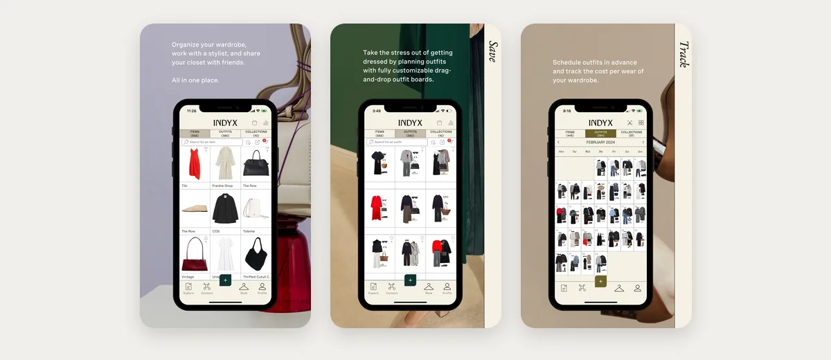 Tiga tangkapan layar Indyx di App Store: daftar item di lemari, papan outfit dengan fitur seret dan lepas, dan jadwal outfit dengan biaya per pemakaian