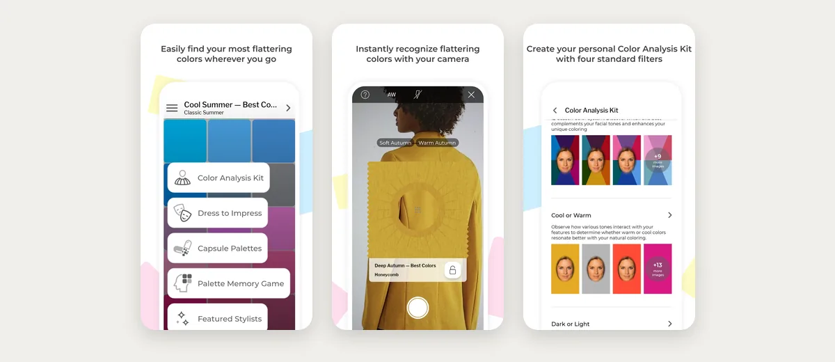 Three App Store screenshots of My Best Colors: a palette of flattering colours, a camera colour check, and a colour analysis kit