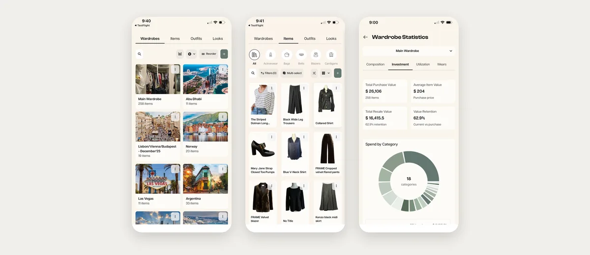Drei App-Store-Screenshots von OpenWardrobe: ein Kleiderschrank mit 258 Teilen, die Outfits und Looks und Statistiken zum Kleiderschrank