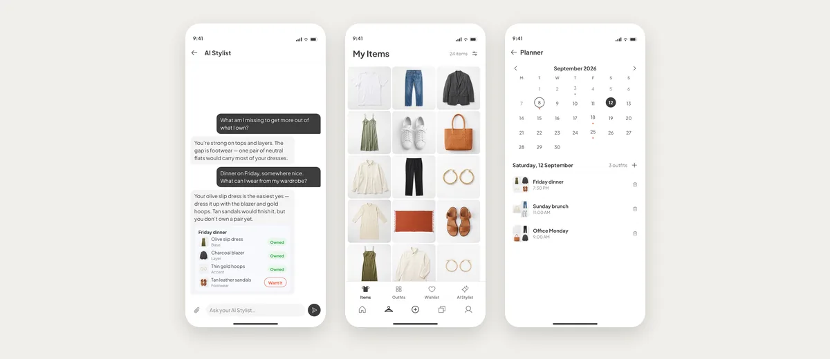 Three App Store screenshots of Outflik: a chat with its AI stylist, a list of closet items, and its outfit planner