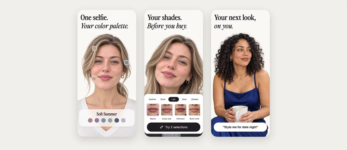 Three App Store screenshots of Palette Hunt: a colour palette from a selfie, makeup shades, and an AI photo of an outfit