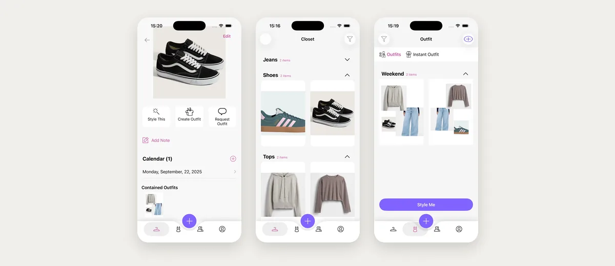 Tiga tangkapan layar Pureple di App Store: outfit di kalendernya, kategori lemari, dan layar outfit-nya