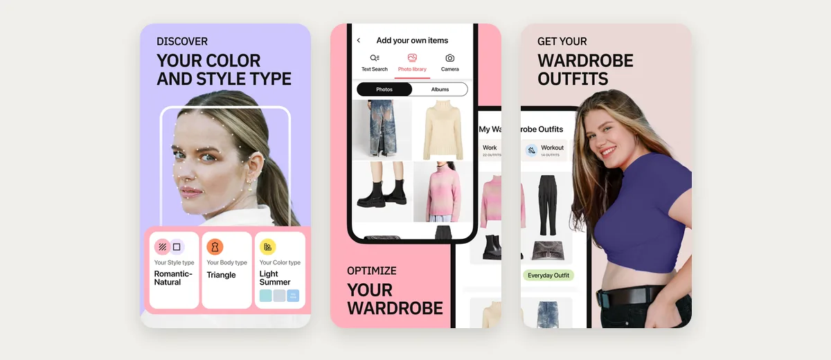 Three App Store screenshots of Style DNA: a colour and style type result, adding your own items, and wardrobe outfits