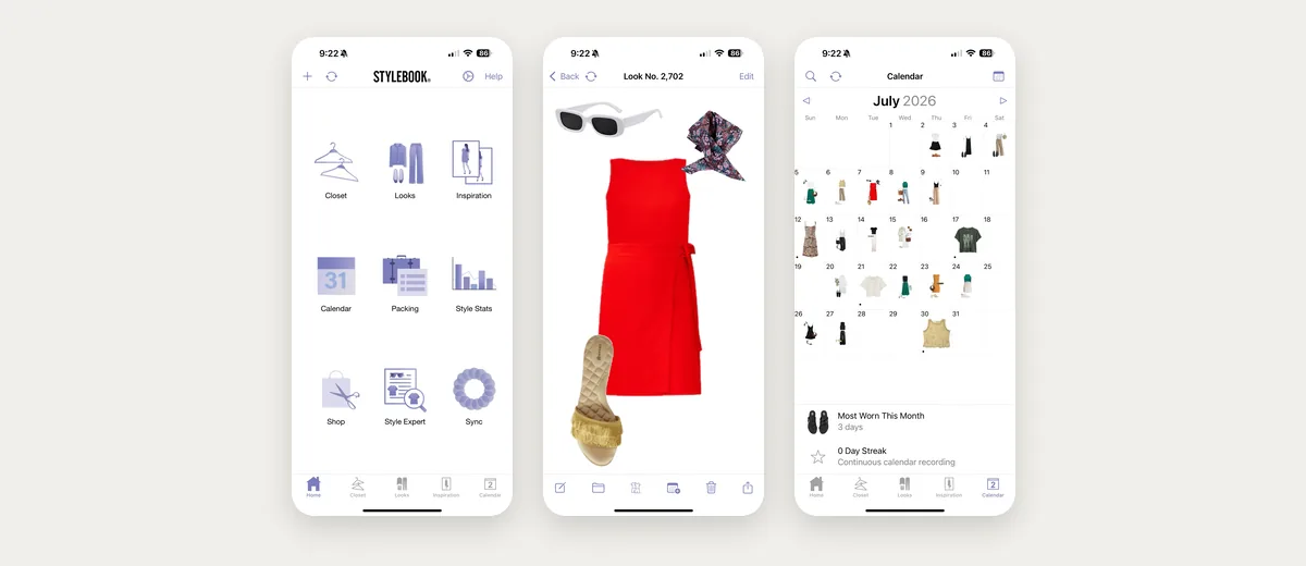 Tiga tangkapan layar Stylebook di App Store: menu lemarinya, look yang disimpan, dan kalender outfit-nya