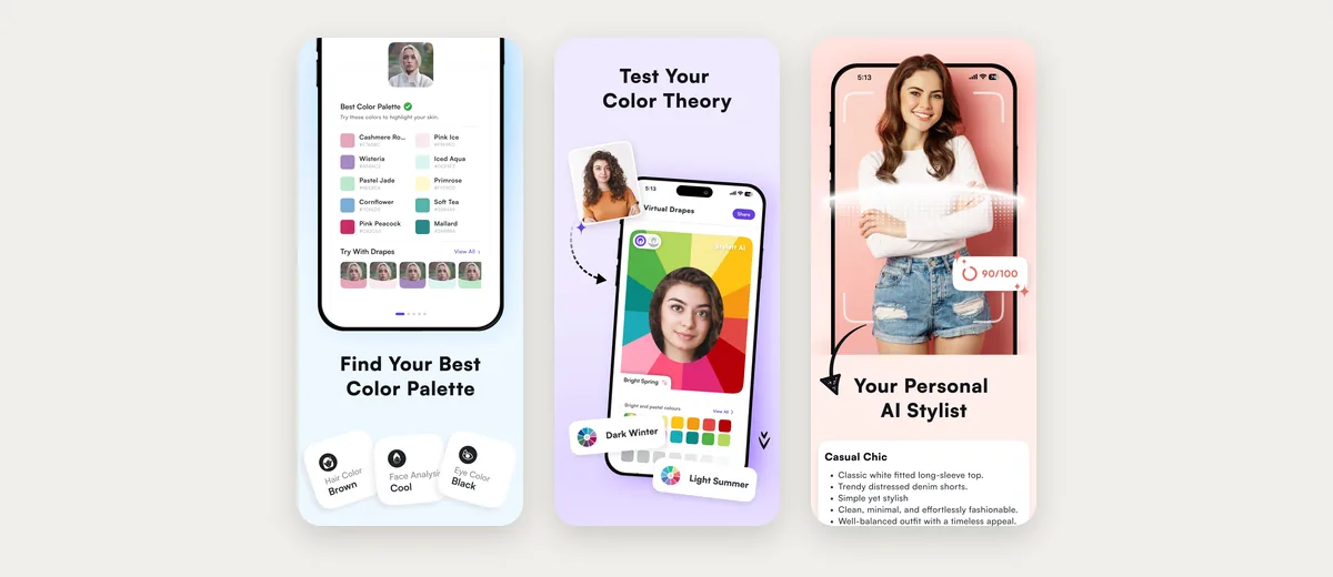 Three App Store screenshots of StyleIt AI: a best colour palette, virtual drapes, and an AI stylist outfit score