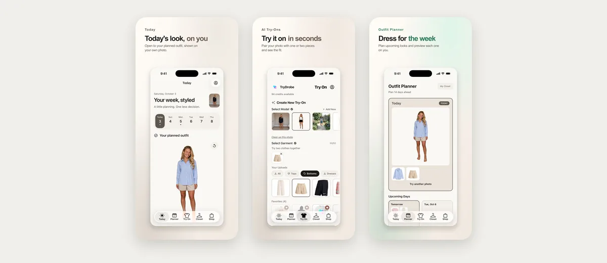 Tres capturas de TryDrobe en la App Store: un look planificado mostrado sobre una foto, su pantalla de prueba virtual con IA y su planificador de looks