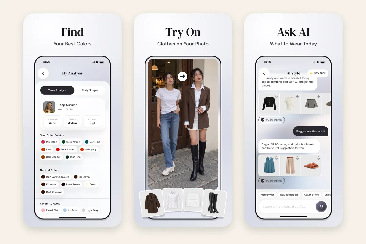 Wdrobe App Store screenshots: your colour season and body shape analysis, clothes tried on your photo, and the AI stylist
