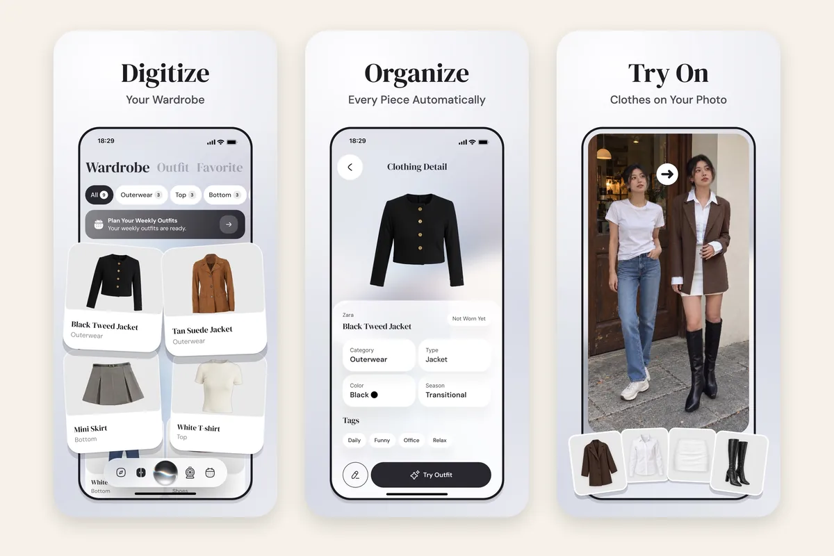 Wdrobe App Store screenshots: your wardrobe digitised by category, a piece sorted and tagged automatically, and clothes tried on your photo