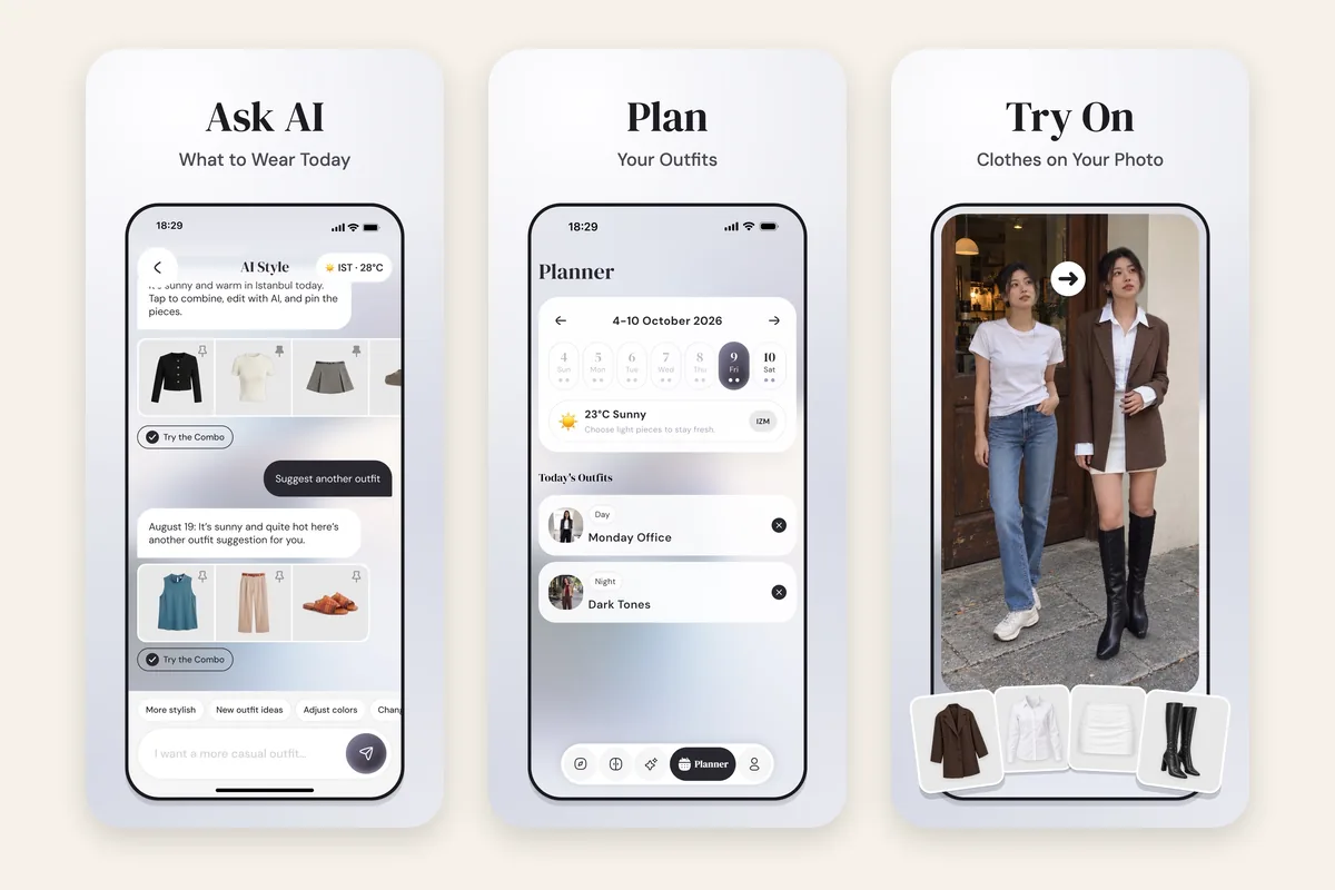 Wdrobe App Store screenshots: the AI stylist suggesting what to wear today, the weekly outfit planner, and clothes tried on your photo