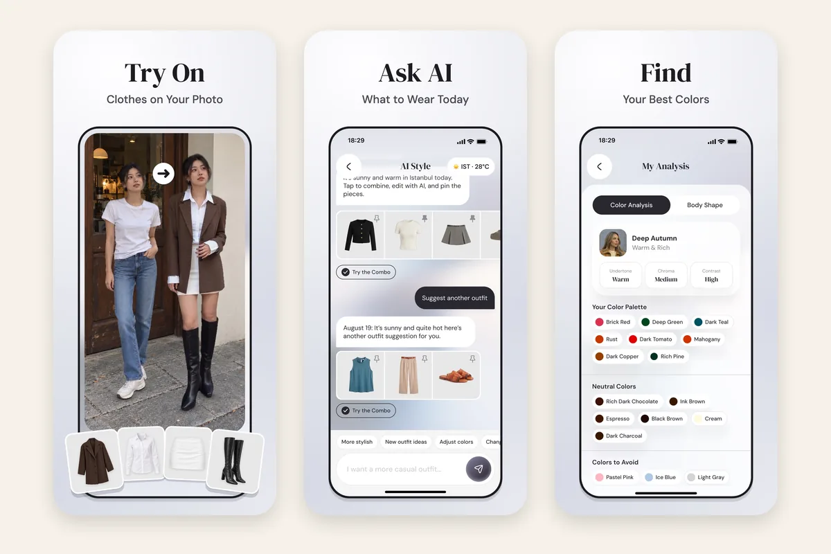 Wdrobe App Store screenshots: clothes tried on your own photo, the AI stylist suggesting what to wear today, and your colour analysis