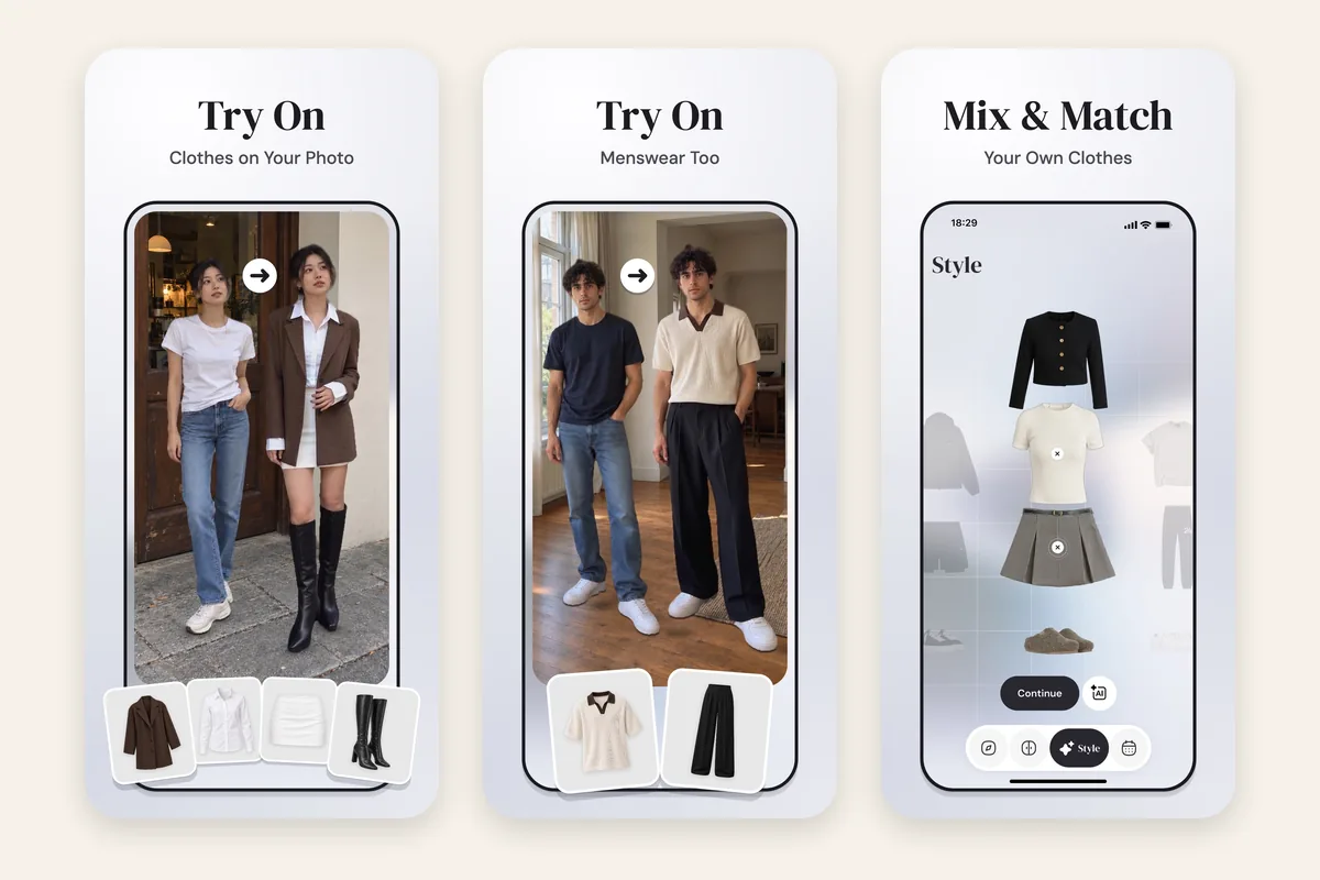 Capturas de Wdrobe en la App Store: ropa probada en tu propia foto, ropa de hombre probada también y looks combinados con tu propia ropa