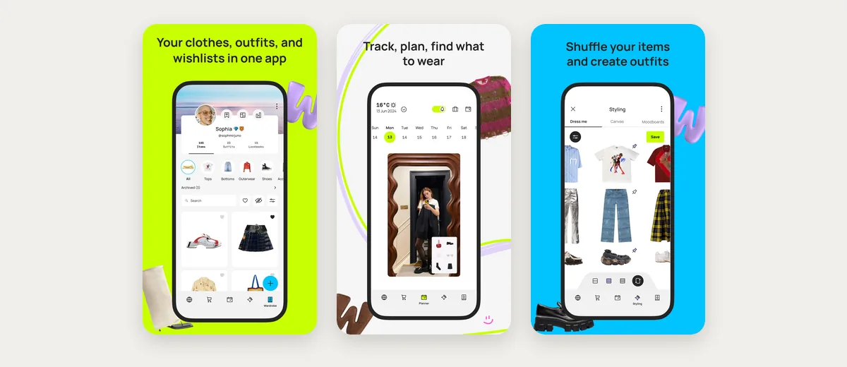 Three App Store screenshots of Whering: clothes, outfits and wishlists in one app, an outfit planner, and shuffled outfits