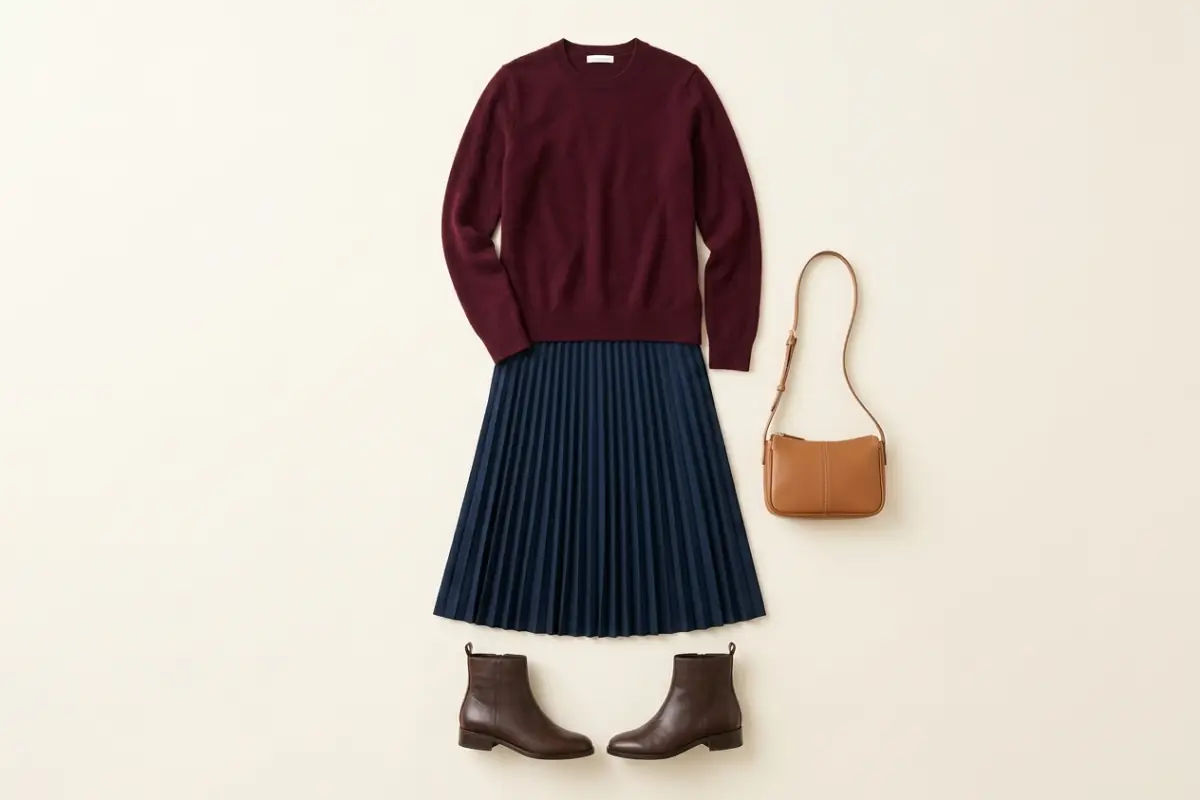 Maglione girocollo bordeaux sopra una gonna midi plissettata blu navy, con stivaletti marrone scuro e una borsa a spalla color cuoio su un fondo avorio caldo