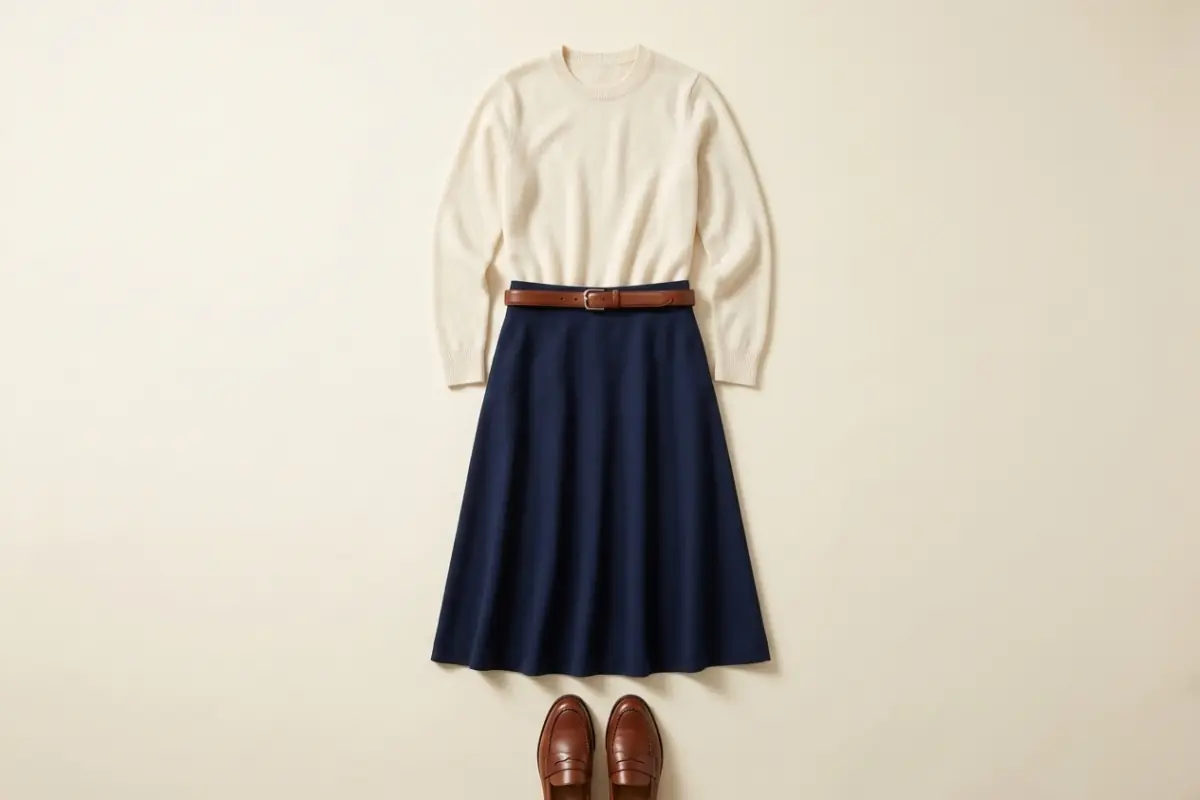 Maglione panna sopra una gonna midi blu navy, con mocassini marroni in pelle e una cintura sottile marrone su un fondo avorio caldo