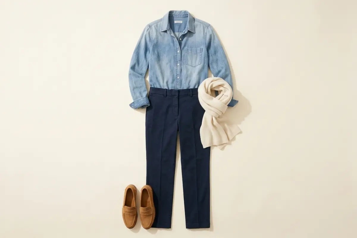 Camicia di jeans sbiadita sopra pantaloni blu navy scuro, con una sciarpa in maglia panna e mocassini scamosciati color cuoio su un fondo avorio caldo