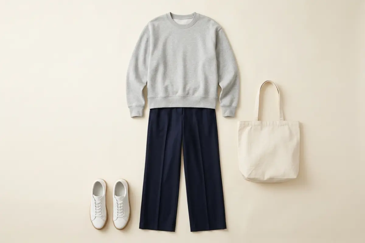 Felpa grigio chiaro sopra pantaloni blu navy a gamba larga, con sneaker bianche in pelle e una shopper di tela panna su un fondo avorio caldo