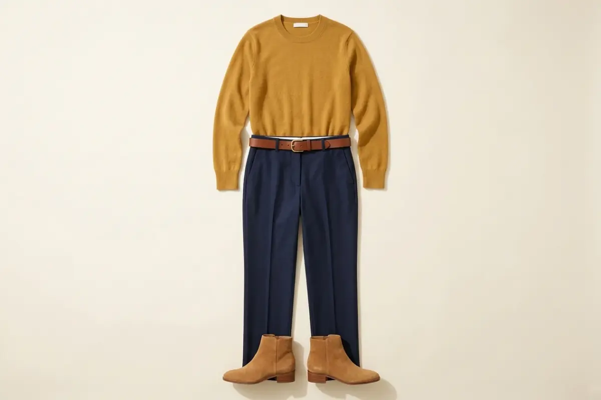 Maglione senape sopra pantaloni blu navy a gamba dritta, con stivaletti scamosciati color cuoio e una cintura marrone in pelle su un fondo avorio caldo