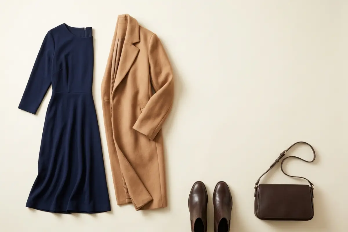 Vestito midi blu navy accanto a un cappotto di lana cammello, con stivaletti marrone scuro e una borsa a spalla marrone scuro su un fondo avorio caldo