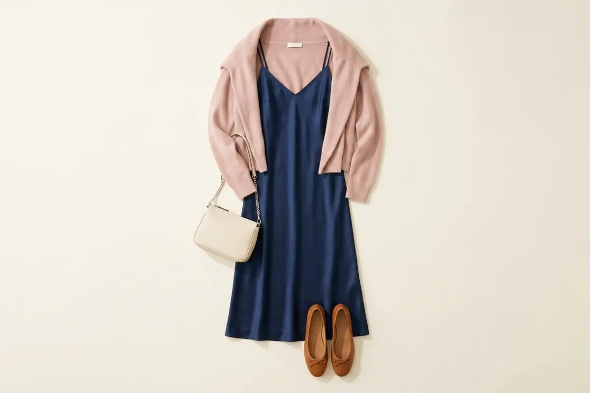 Slip dress midi blu navy con un cardigan rosa cipria sulle spalle, ballerine color cuoio e una piccola borsa panna su un fondo avorio caldo