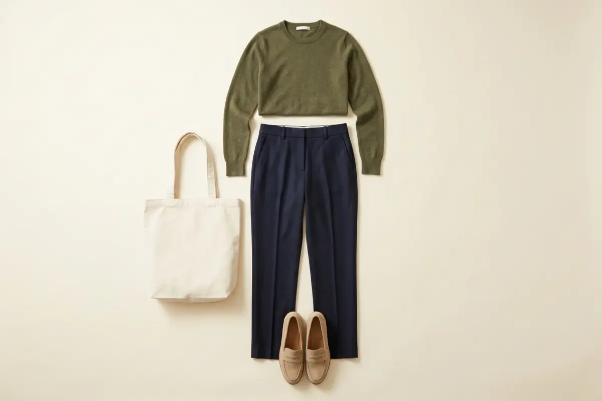 Maglione verde oliva sopra pantaloni sartoriali blu navy, con mocassini scamosciati beige e una shopper di tela panna su un fondo avorio caldo