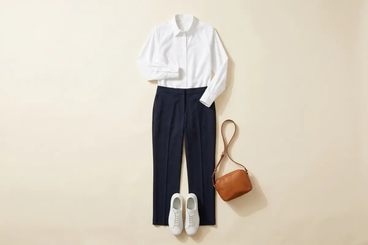 Camicia button-down bianca sopra pantaloni blu navy a gamba dritta, con sneaker bianche in pelle e una piccola borsa a spalla color cuoio su un fondo avorio caldo