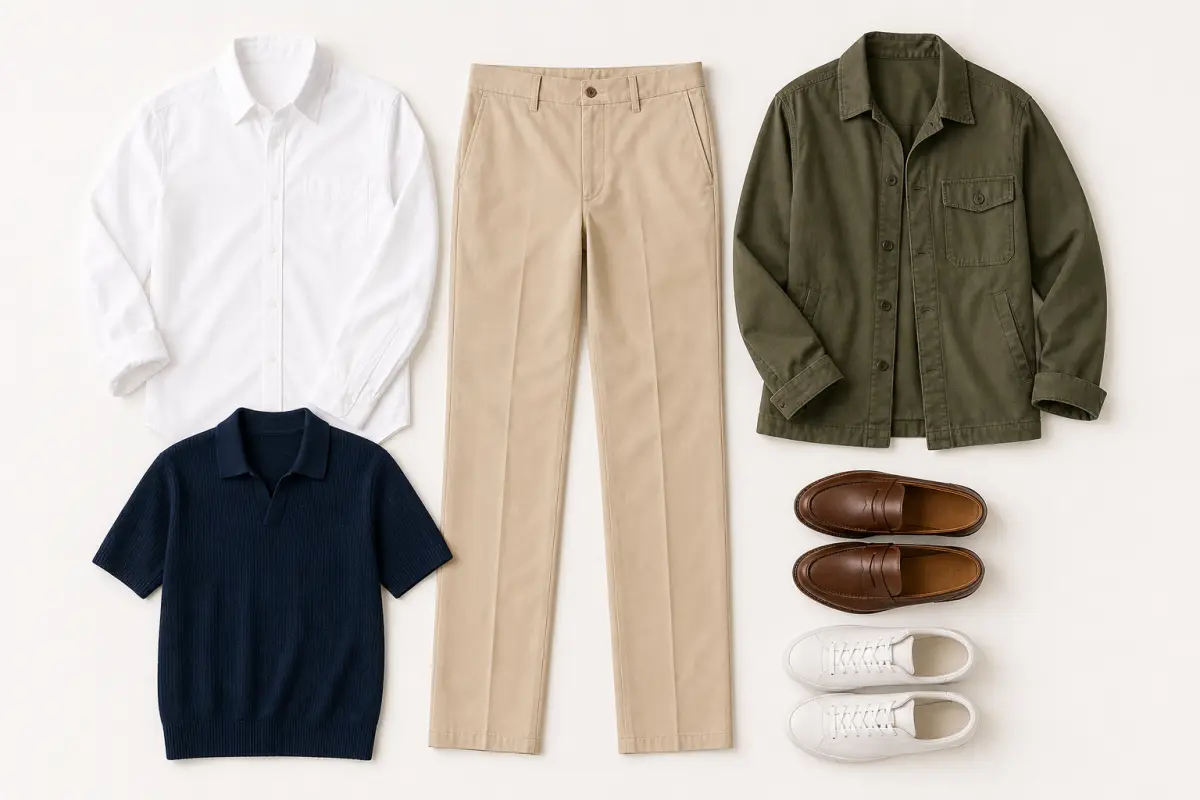 Beige Hose, arrangiert mit weißem Hemd, Strickpullover in Navy, olivgrünem Overshirt, braunen Loafern und weißen Sneakern