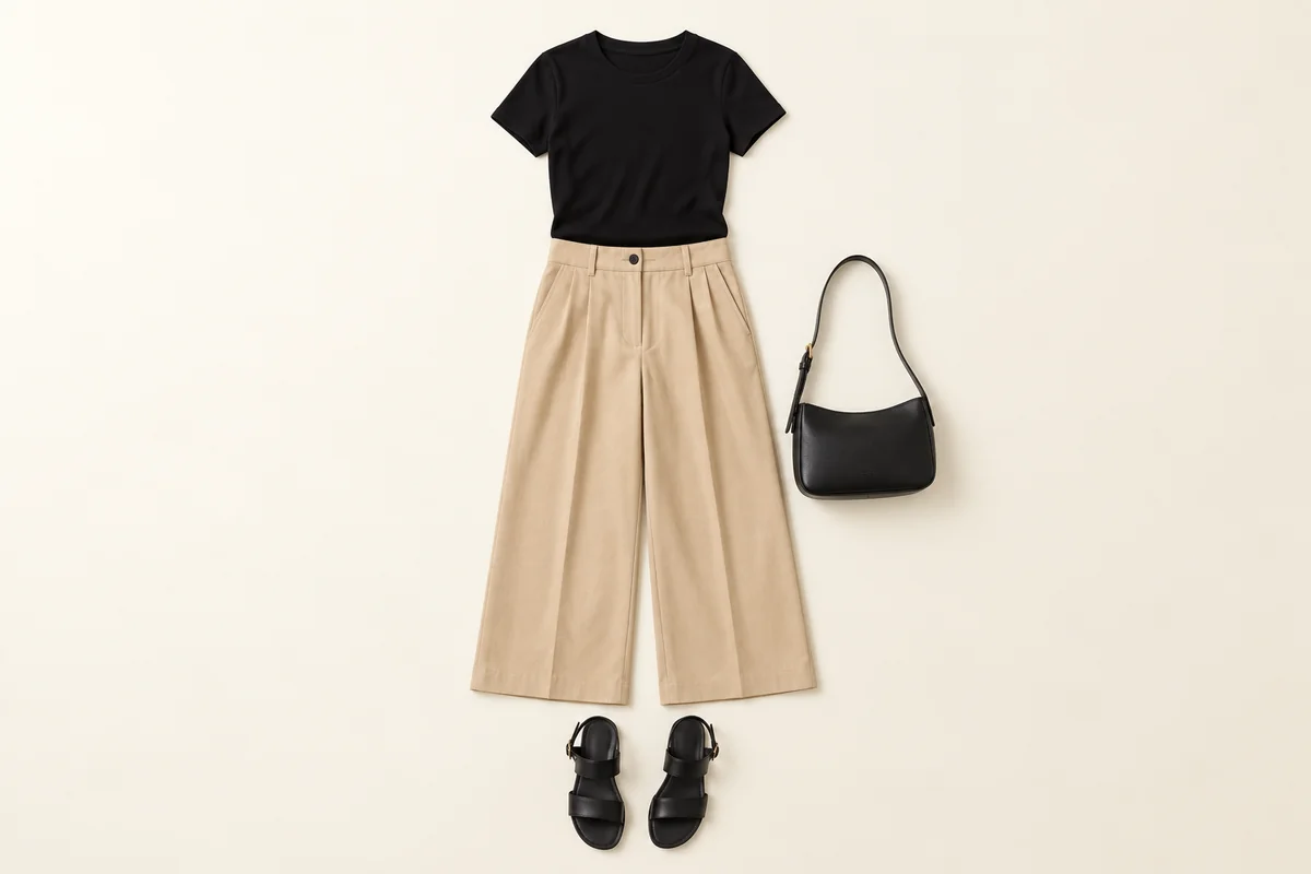 Black tee above beige wide-leg trousers, with black leather sandals and a small black bag