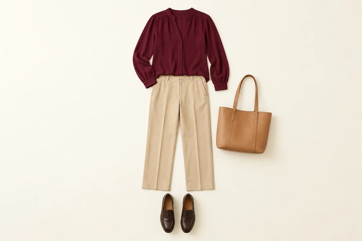 Burgundy blouse above beige trousers, with dark brown loafers and a tan leather bag