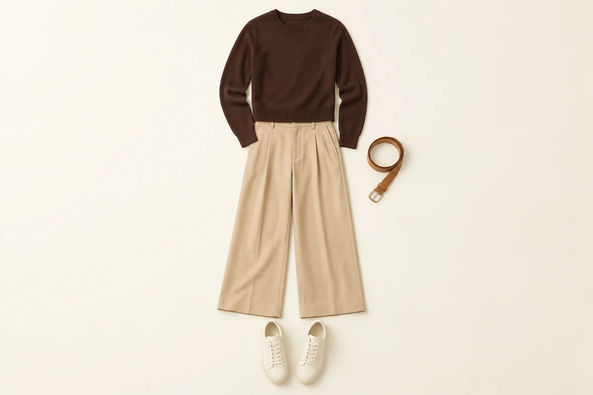 Chocolate brown knit above beige wide-leg trousers, with cream sneakers and a tan belt