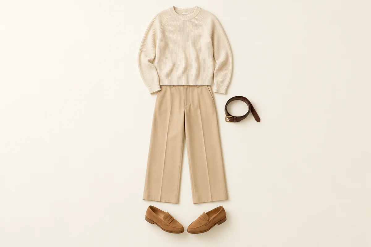 Cream ribbed knit above beige trousers, with a dark brown belt and tan suede loafers