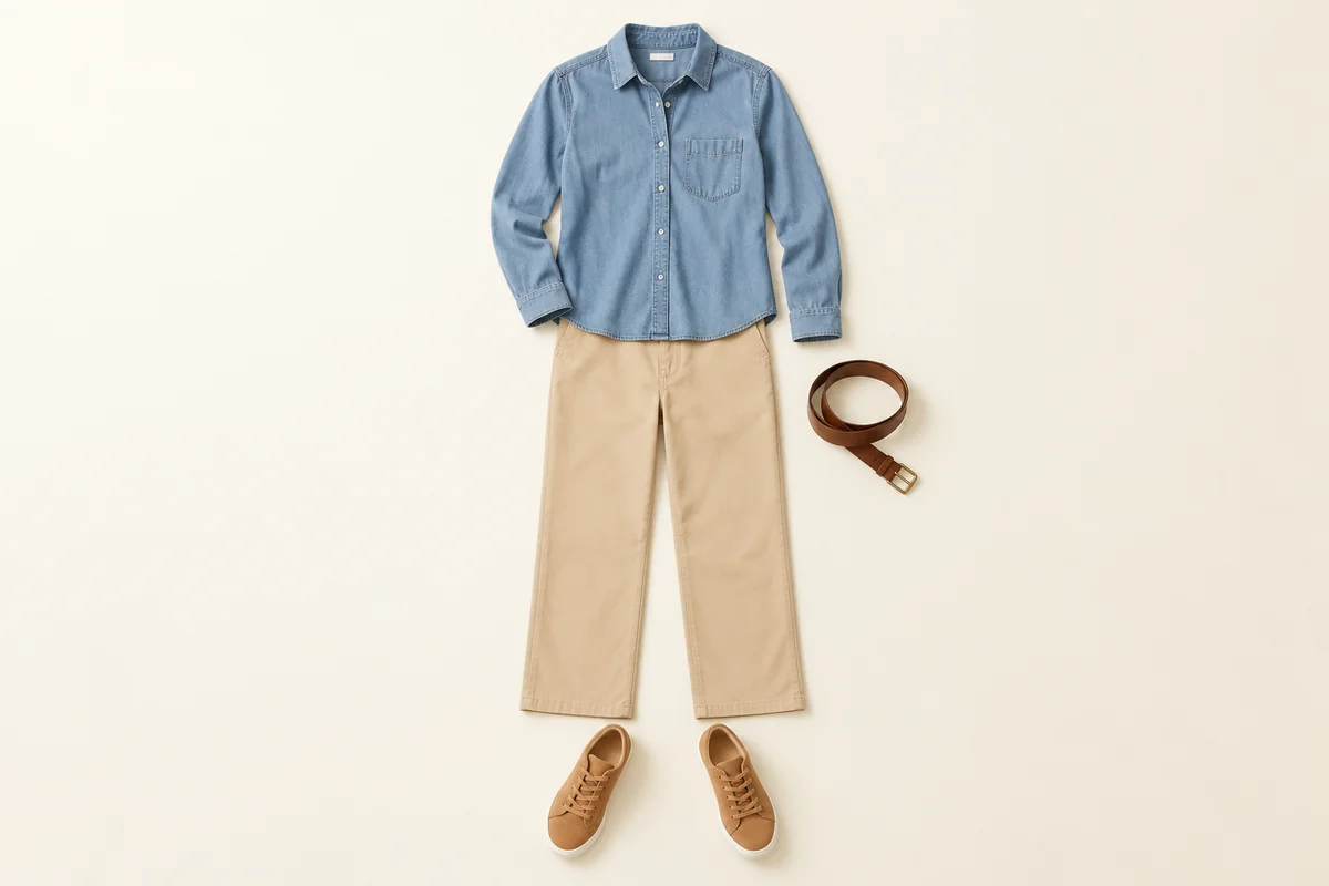 Light-wash denim shirt above beige trousers, with tan sneakers and a brown leather belt