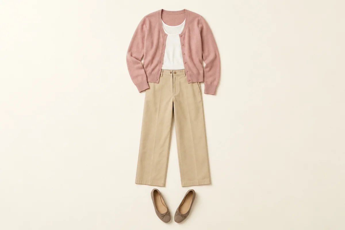 Dusty pink cardigan over a white tank above beige trousers, with taupe ballet flats