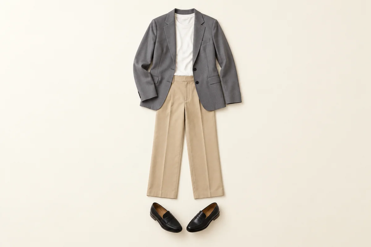 Gray blazer over a white tee above beige trousers, with black leather loafers