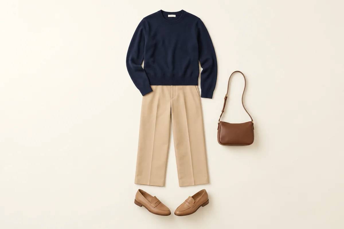 Navy knit jumper above beige trousers, with tan loafers and a brown leather bag
