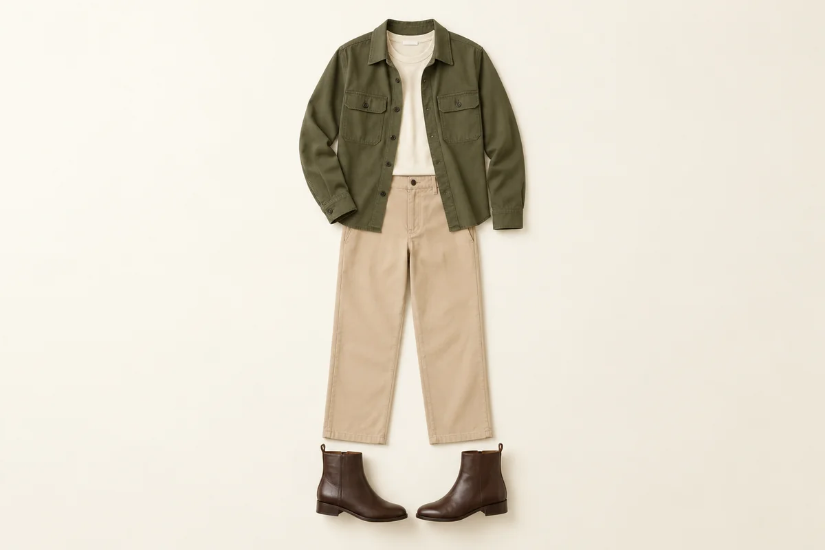 Olive overshirt over a cream tee above beige trousers, with dark brown ankle boots