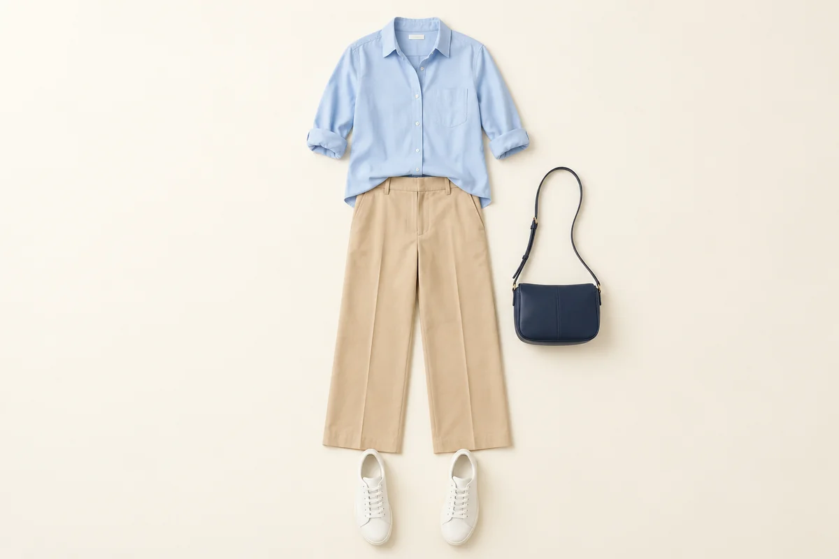 Pale blue shirt above beige trousers, with white sneakers and a small navy bag