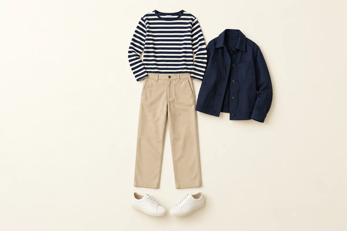 Navy and white striped top above beige trousers, with white sneakers and a navy jacket