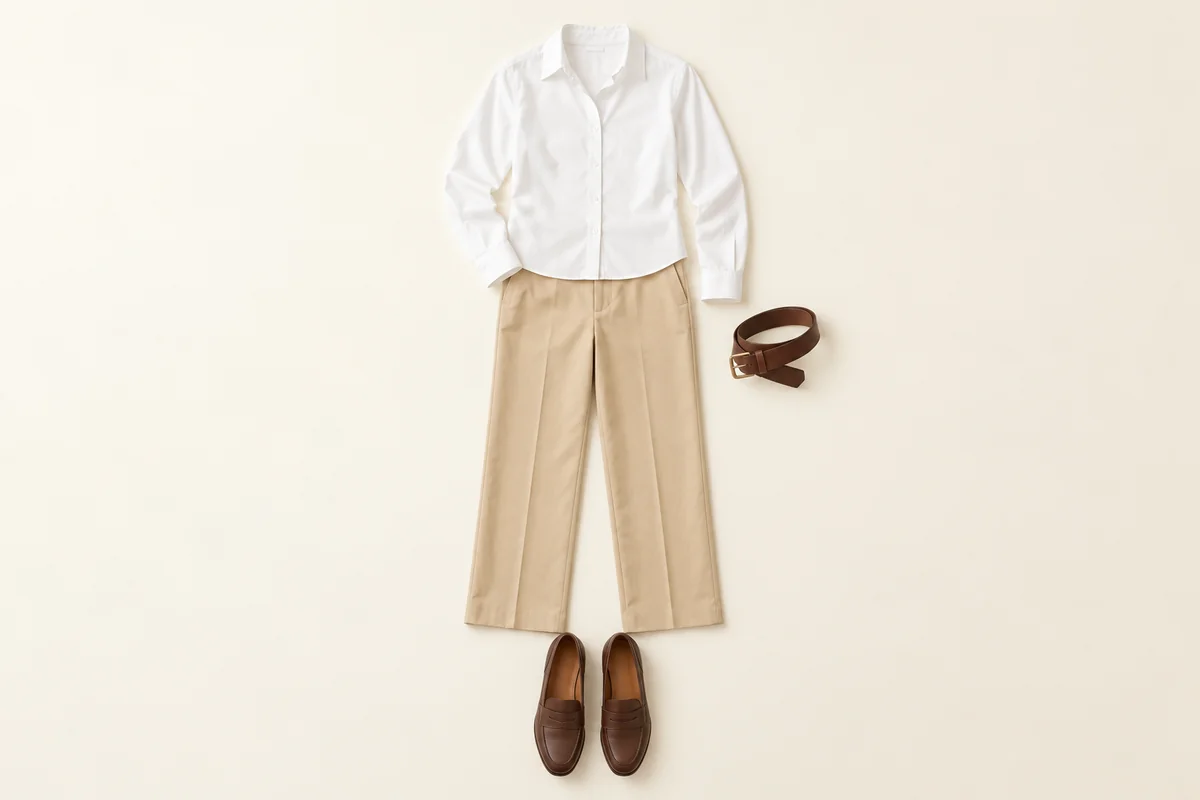 White button-down shirt above beige trousers, with a brown leather belt and brown loafers