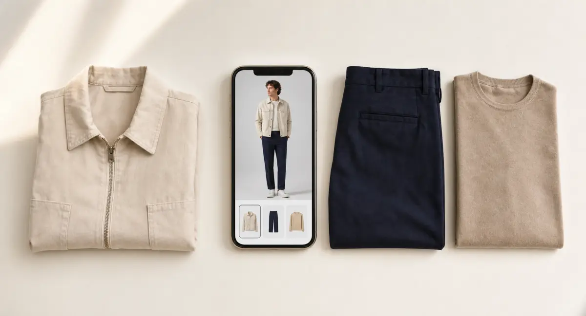Phone showing a virtual outfit preview beside a light jacket, navy trousers, and a beige top from a wardrobe