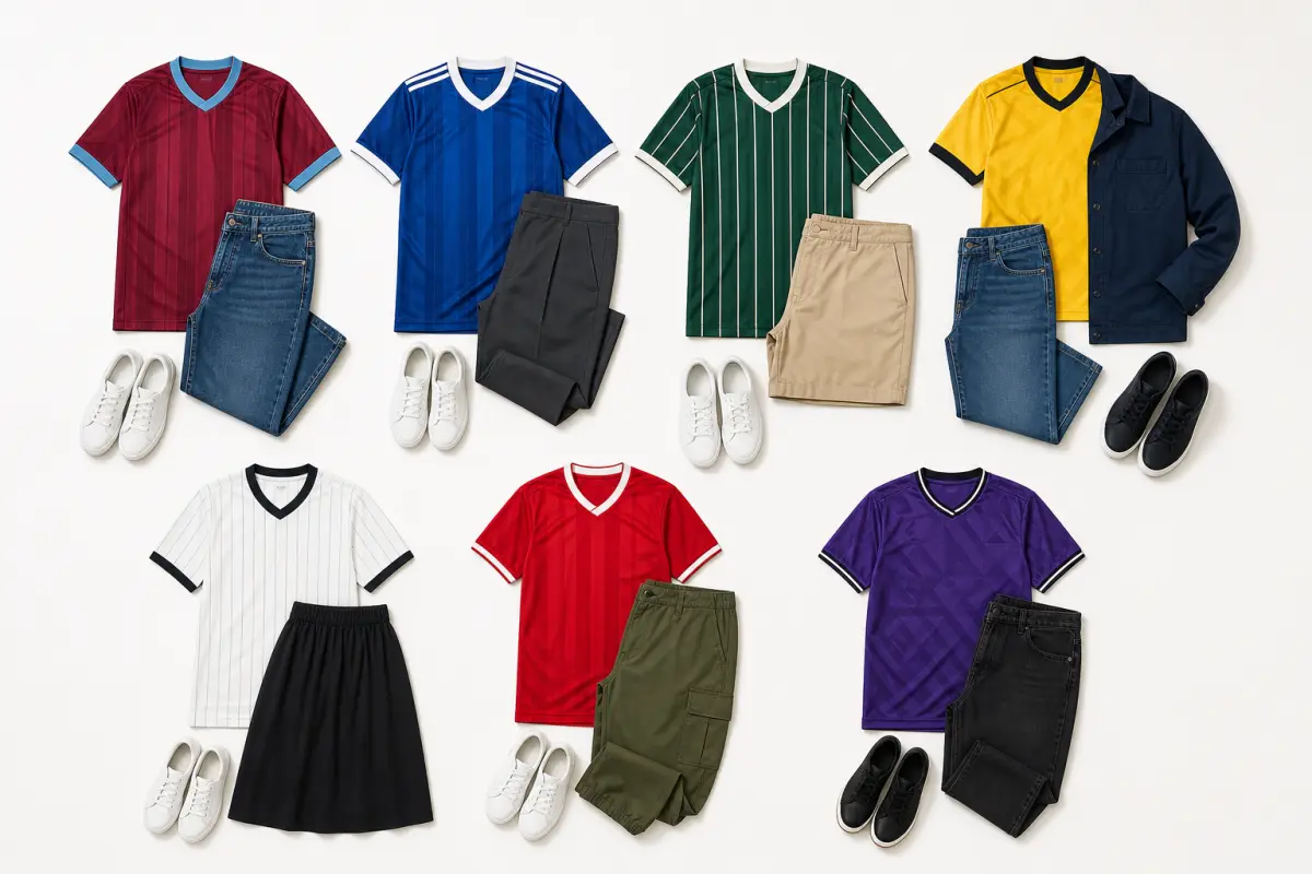 Seven match-day outfits combining colorful football jerseys with denim, trousers, shorts, a skirt, cargos, layers, and sneakers