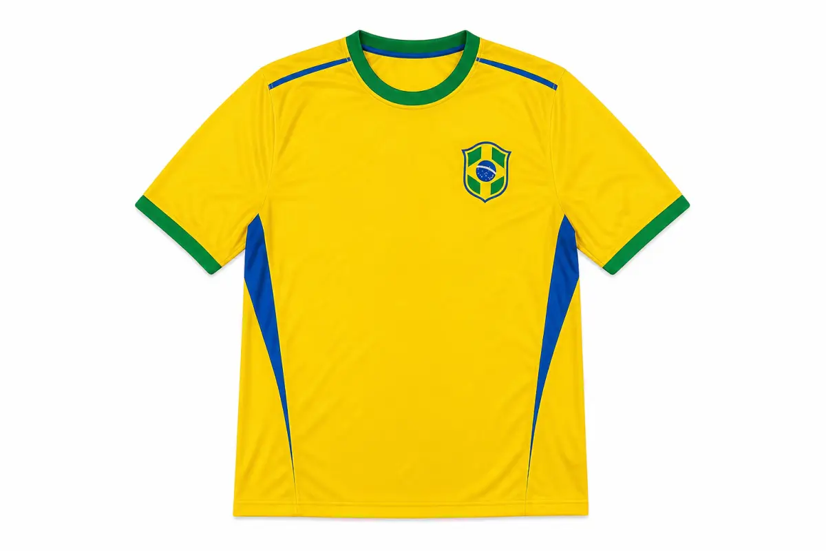 Yellow Brazil-inspired football jersey with green trim and blue accents on a plain white background